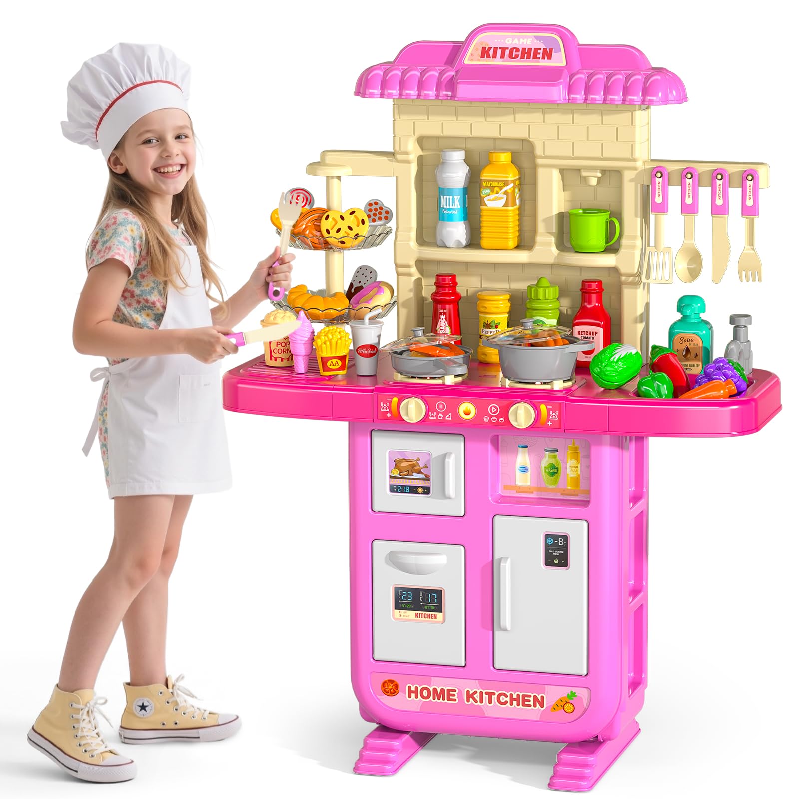 Photo 1 of MSKOLER 36 in Kids Kitchen Playset for Ages 3-6 4-8, Play Kitchen with Light, Sound and Spraying, Sink Toy Accessories, Cooking Stoves, Pretend Food Toys for Toddlers 3-5 Boys Girls 6-12 (Pink)