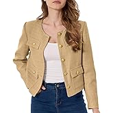 Women's Tweed Jacket Cropped Blazers Spring Summer Round Neck Business Work Office Plaid Jacket