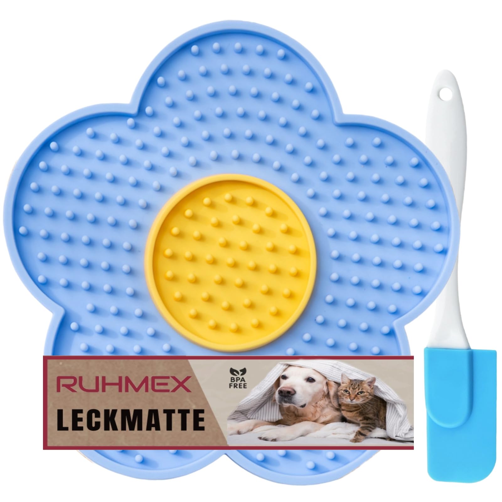 RUHMEX Lick Mat Dog with Silicone Spatula and Brush Slow Feeder Dog Lick Mat for Dog Bathing, Grooming (Blue)