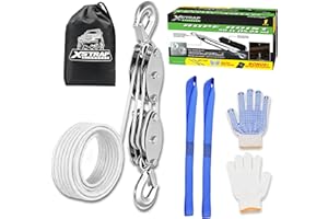 XSTRAP STANDARD Rope Hoist Pulley System, 1000LB Block and Tackle, 5:1 Lifting Power 50ft Heavy Duty Pulley Block for Hunting Lifting Heavy Objects with Anti-Slip Work Gloves, 2pcs Soft Loops, White