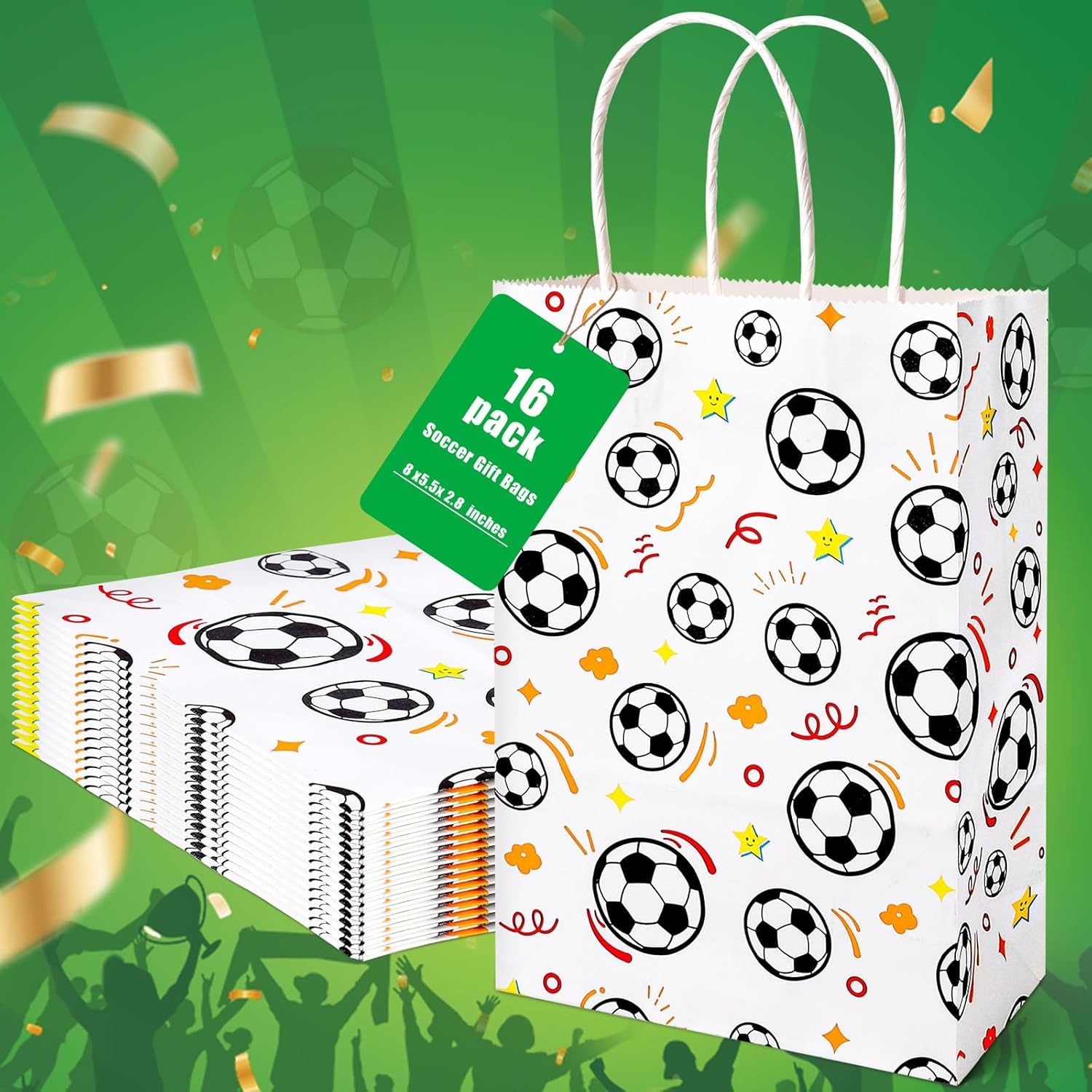 Photo 1 of Shindel 16 Pack Party Favor Bags, 5.5" x 2.8" x 8" Soccer Goodie Bags for Kids Birthdays, Sports Decorations, Bulk Gift Giving Supplies