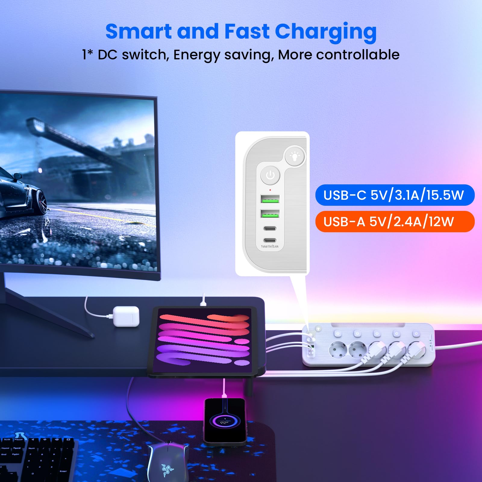 Tischsteckdose mit USB,5-Fach Steckdosenleiste Einzeln Schaltbar,Ecksteckdose Küche und Büro,Wandmontage Mehrfachsteckdose mit Schalter,Metall Steckerleiste Überspannungsschutz 2M Kabel,Weiß 6