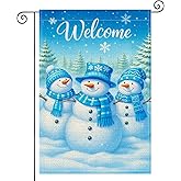 HOMETITUTE Welcome Christmas Snowman Family Garden Flag Double Sided 12x18 Inch Burlap Winter Garden Flag Blue Hat Seasonal Banner for Indoor and Outdoor Decorations Yard Lawn Decor