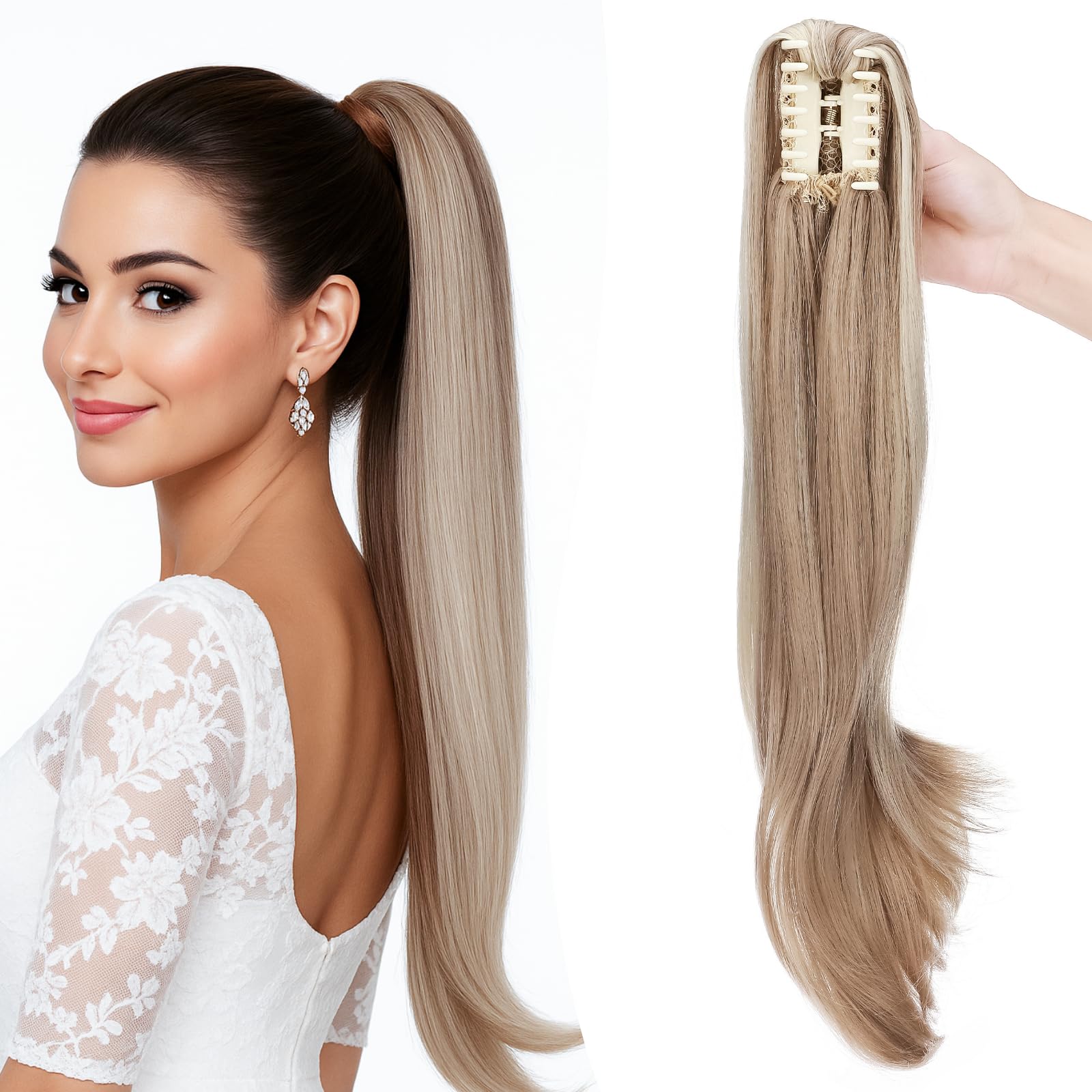 22" Ponytail Extension Long Curly Ponytail Hairpiece Clip in Claw Hair Extensions Natural Looking for Women Sandy Blonde & Bleach Blonde
