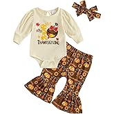 Xnqiwq My First Thanksgiving Baby Girl Outfit Newborn Turkey Romper Pumpkin Bell Bottoms Flare Pants Set 3Pcs Fall Clothes