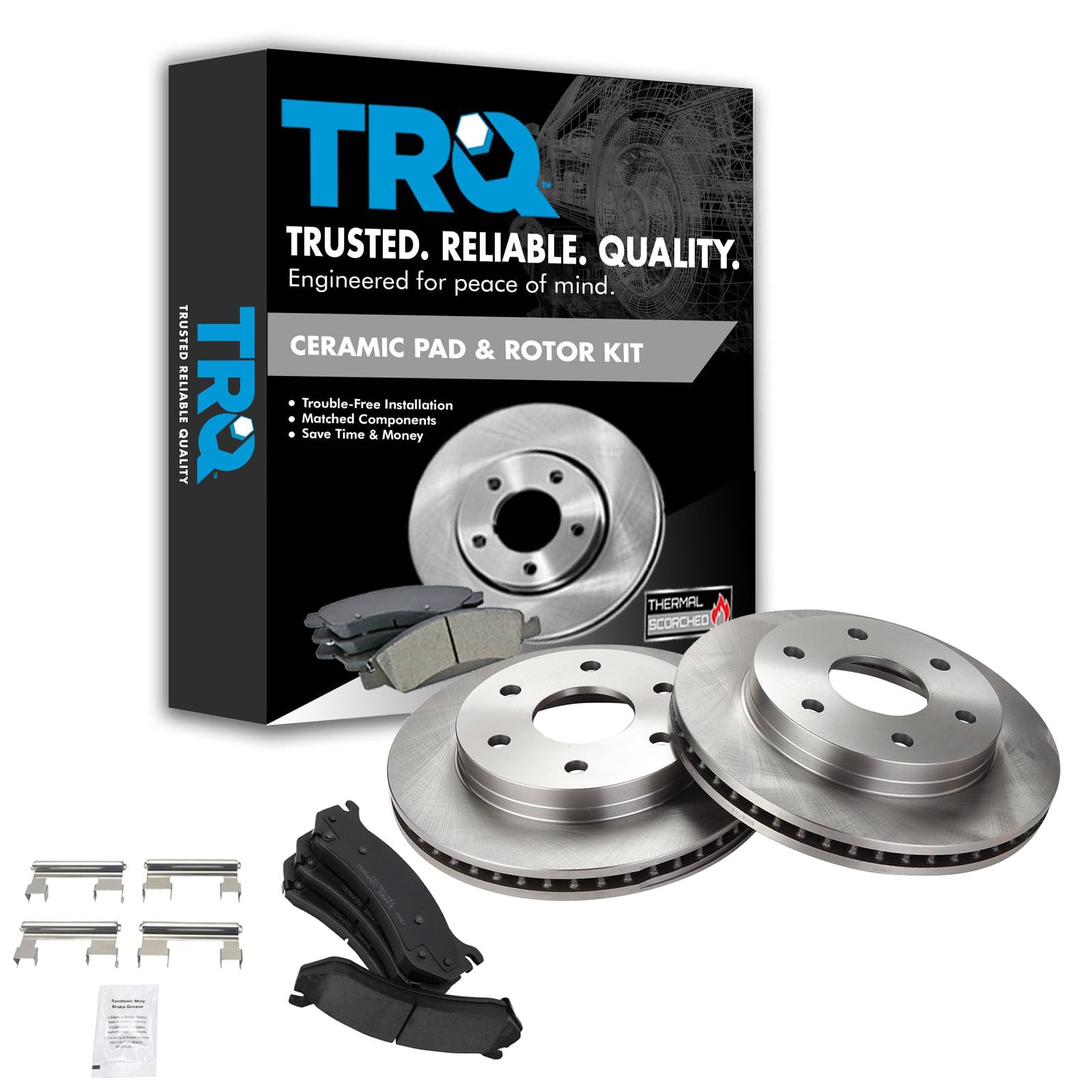 TRQ Front Brake Pad & Rotor Set Ceramic Compatible with 1999-2007 Chevy Silverado 2000-2006 Suburban Tahoe Yukon 2001-2006 GMC Sierra 2003-2005 Safari Astro 2002-2006 Cadillac Escalade Avalanche Image