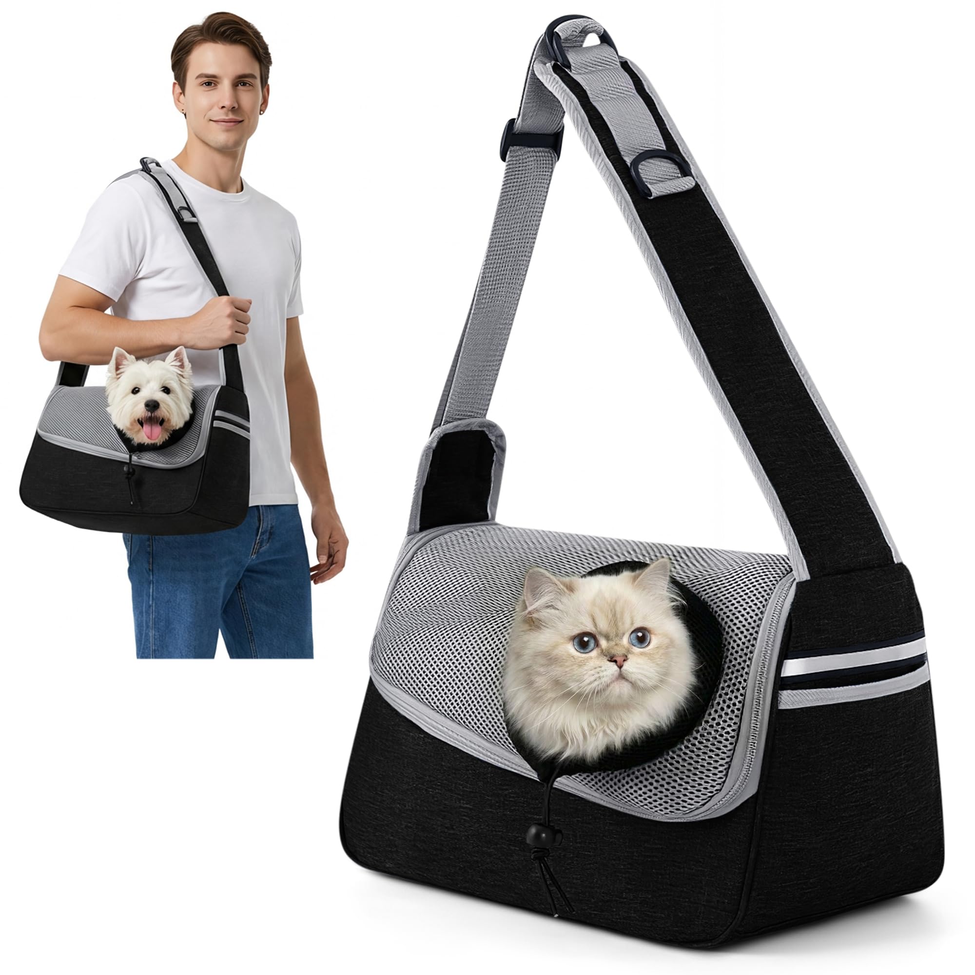 ALLSOPETS Dog Sling Carrier for Small Dogs Cats – Breathable Puppy Sling, Adjustable Shoulder Strap with Side Pocket, Travel Cat Carrier for Outdoor Camping (Gray Black)