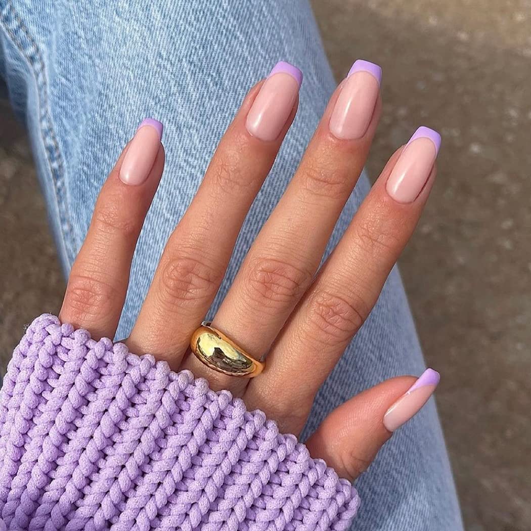 Sethexy 24Pcs French Tip Pink False Nails Short Square Purple Press on Nails Glossy Fake Nail Reusable Acrylic Stick on Nail for Women and Girls Nail Art