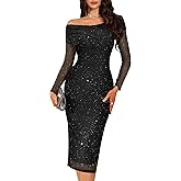 BeryLove Womens Sparkly Off Shoulder Formal Wedding Guest 2026 Cocktail Mesh Sequin Dress