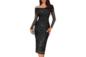 BeryLove Womens Long Sleeve Off Shoulder Formal Wedding Guest 2025 Mesh Sequin Dress