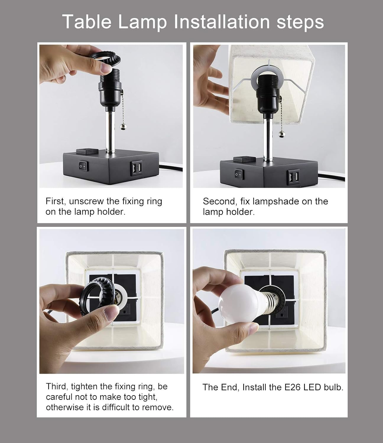 USB Table Lamp, Sailstar Bedside Lamps with Fast Dual USB Charging Ports and Outlet & Warm LED Bulb, Modern Nightstand Lamp with Black Base and Fabric Shade for Bedroom, Living Room, Office - - 