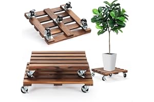 PRAQECZ 2 Pack Plant Caddy with Wheels, 14" + 12" Rolling Plant Stand 264 LBS Heavy Duty Wooden Square Plant Dolly with Metal 360° Lockable Caster Wheels for Outdoor Indoor Large Plant Pots, Flower Pot, Patio
