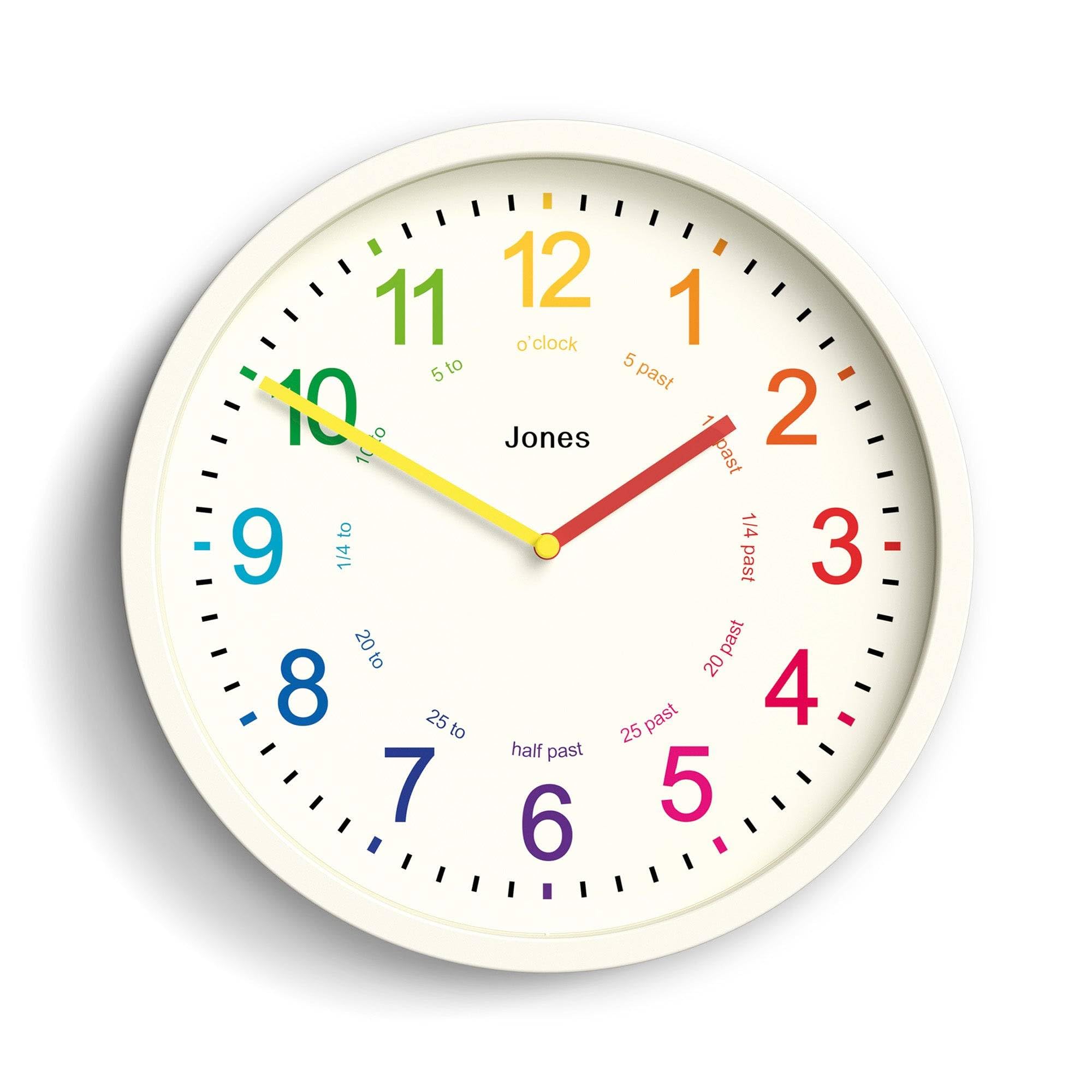 Jones Clocks® Kids wall clock | Small modern children’s clock | 25cm | Pale cream | Colourful numbers | Learn to tell the time
