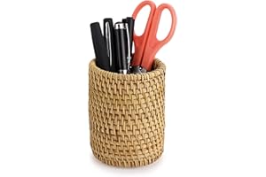 JuxYes Handmade Rattan Pencil Holder Woven Pen Container Pen Cup Wicker Makeup Brush Holder Pencil Cup Desk Cup Holder Handma