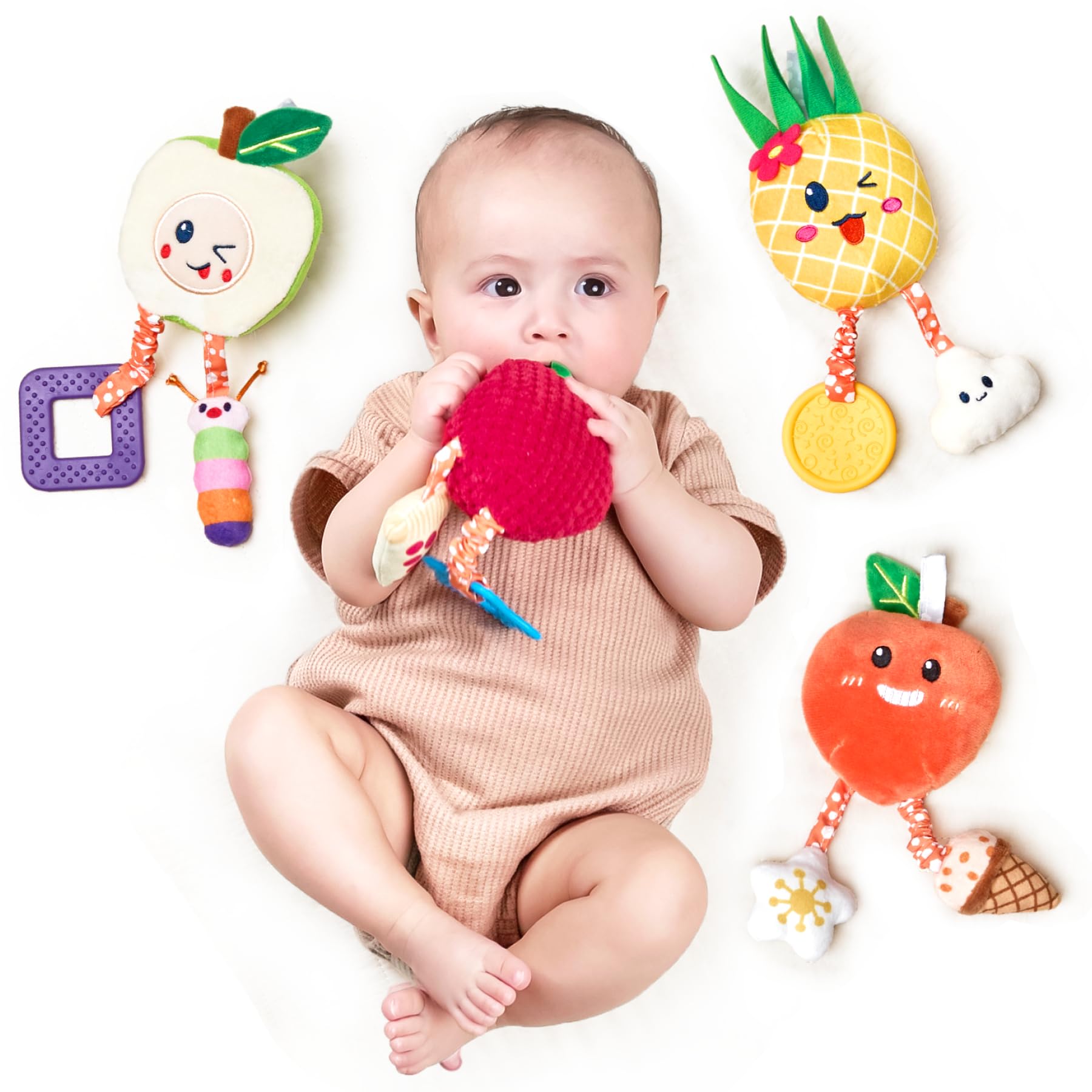 OR OR TU Baby Toys for 3 6 9 12 Months, Hanging Toys Fruit Rattles Infant Newborn Stroller Mobile Toys Car Seat Crib Plush Wind Chime for Boys Girls