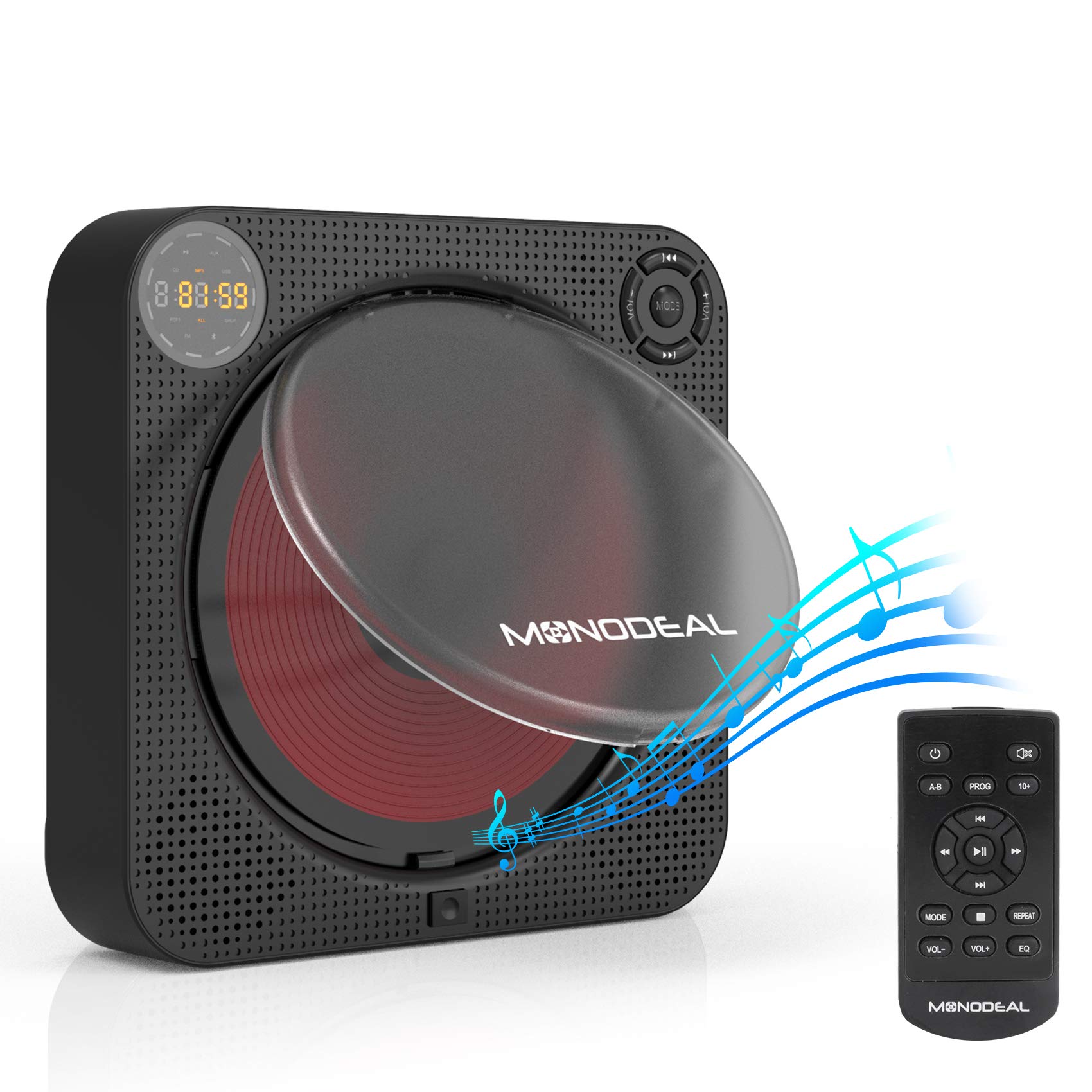 CD Player with Bluetooth, MONODEAL Portable Rechargeable CD Player with Built-in Speakers, Wall CD Player for Home, CD Player for Car and Outdoors (with Remote Control and Built-in FM Radio)