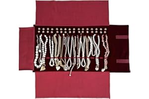 UnionPlus Velvet Travel Jewelry Roll Bag Organizer for Necklace, Elastic Band and Anti-winding, Burgundy