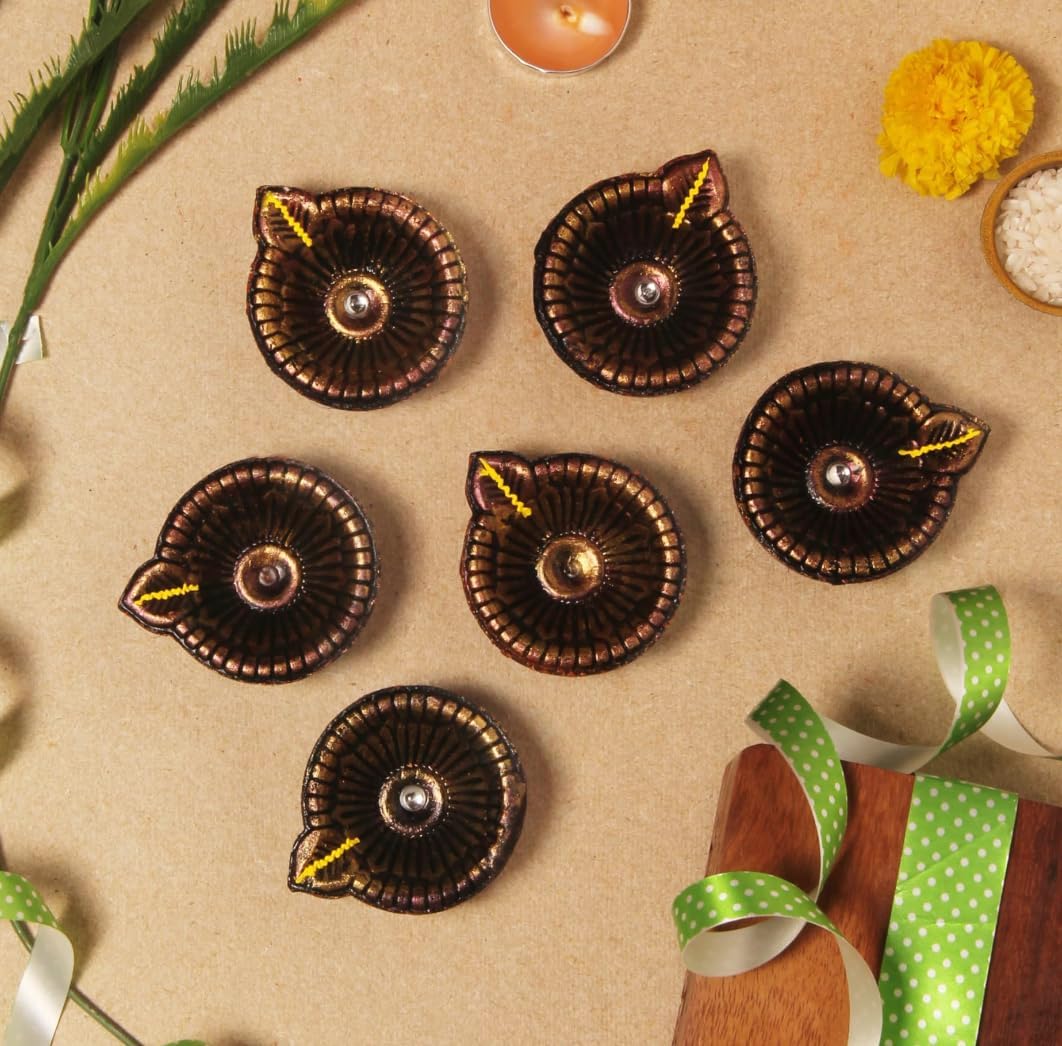 Oil Lamps & Accessories - Premium Handmade Terracoaat Set of 6 Oxidized Clay Diya for Diwali/Navratri Decorations Oil Lamp Diwali Clay Diya Tea Light Holder Home Decor Festival Gifts Puja Items