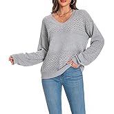 Womens Sweaters, Sweaters for Women Casual Long Sleeve V Neck Lightweight Crochet Pullover Hollow Sweater Tops