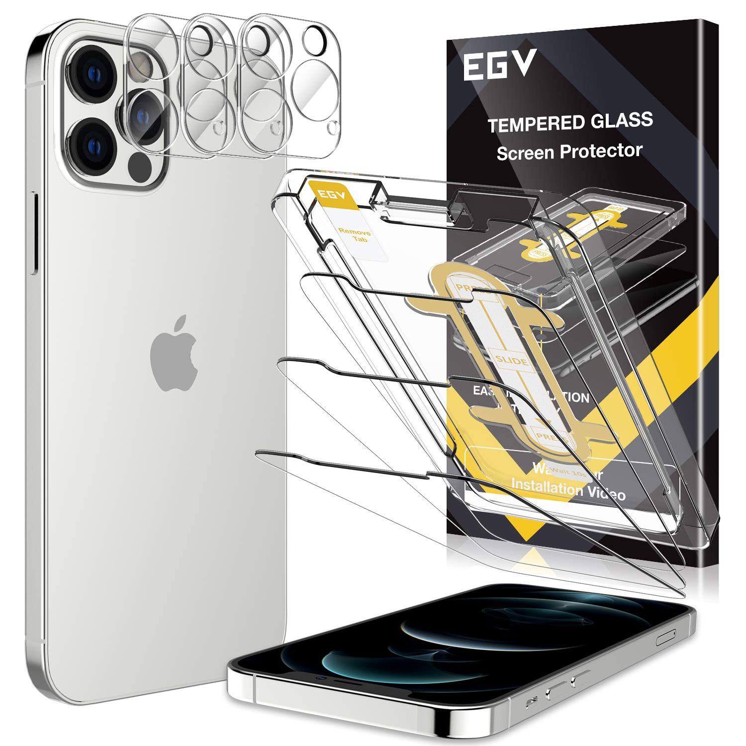 EGV [3+3] Compatible with iPhone 12 Pro Max 5G 6.7-inch, 3 Pack Screen Protector & 3 Pack Camera Lens Protector [9H Hardness Tempered Glass] Case Friendly [Easy Installation Tray] HD Clear Picture