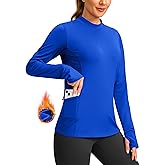 SANTINY Long Sleeve Thermal Shirts for Women Fleece Mock Neck Tops Winter Workout Running Gear with Zipper Pockets(Slate Blue_XL)