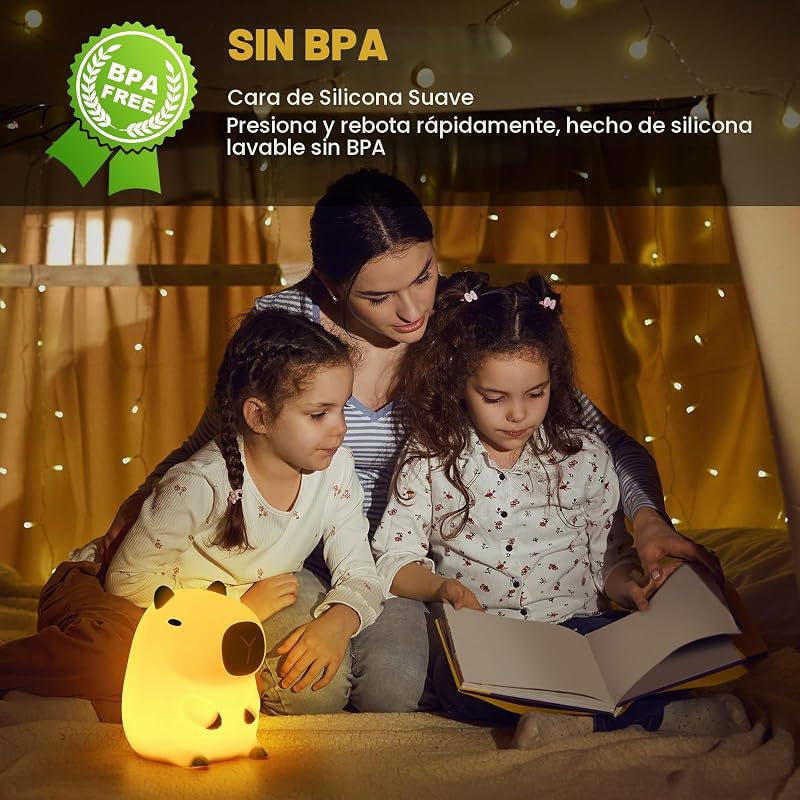 Candeeiro de capibara, candeeiro noturno de capybara fofo para crianças, lâmpadas portáteis USB recarregáveis de 1200mAh para capibara, luz noturna de silicone para crianças com temporizador ajustável — foto 6 de 8