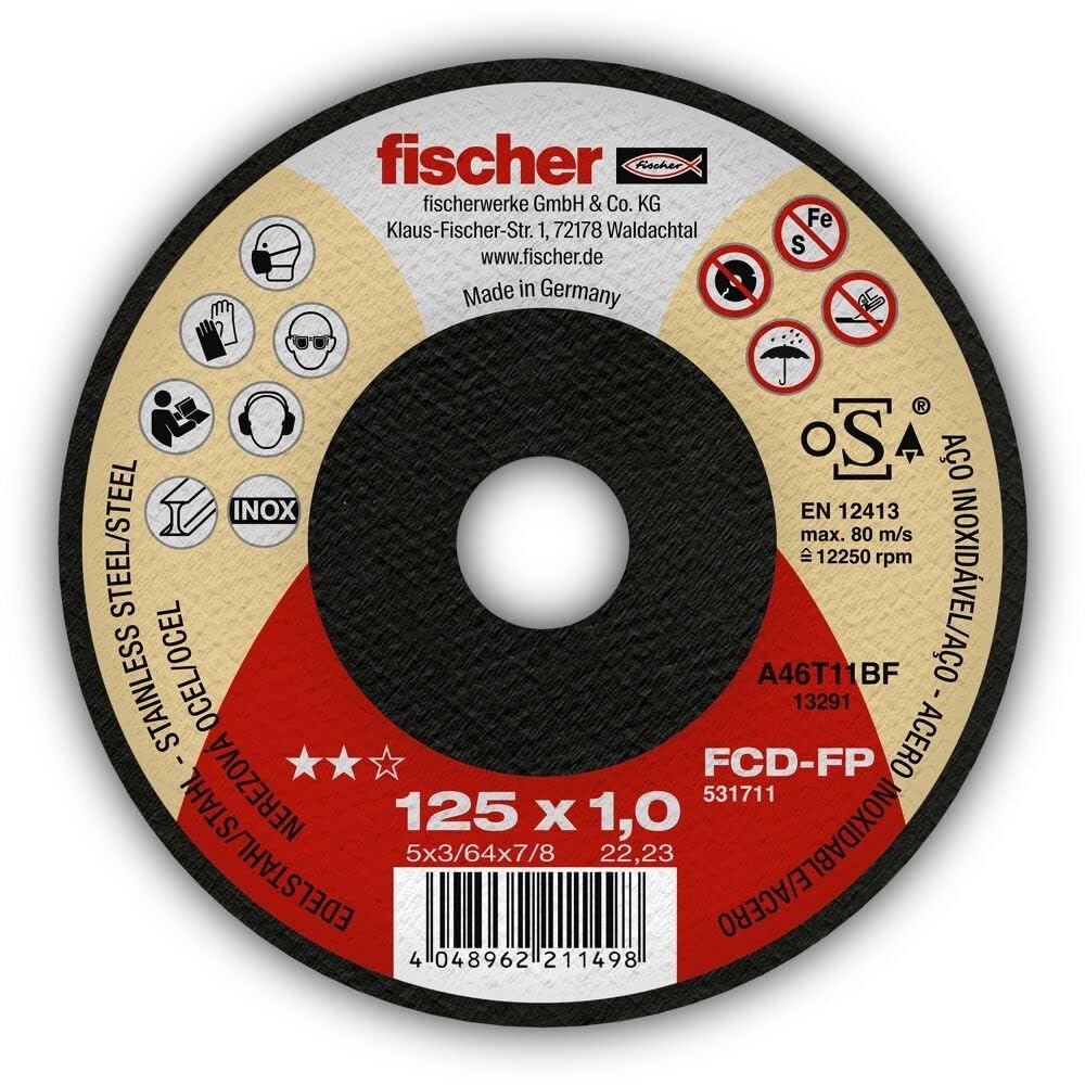 fischer Set of 25 FP Flat Cutting Disc for Steel and Stainless Steel 1.0/125mm Bore Diameter 22.23mm