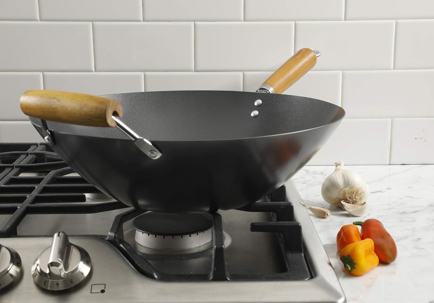 Kenmore Hammond Flat Bottom Carbon Steel Wok, 14-inch, Black: Kitchen & Dining