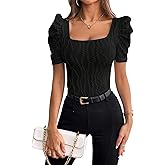 GORGLITTER Women's Puff Short Sleeve Square Neck Top Textured Knitted T Shirt Going Out Tops