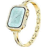 Missair Bands Compatible for Apple Watch Band 40mm 41mm 44mm 45mm with Screen Protector Case, Slim Metal Dressy Jewelry Bracelet Strap with Bling Diamond Cover for iWatch Series 9 8 7 6 5 4 for Women