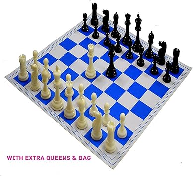 Wigano 17X17 Blue Roll-Up Vinyl Tournament Chess Set with Two extra Queens