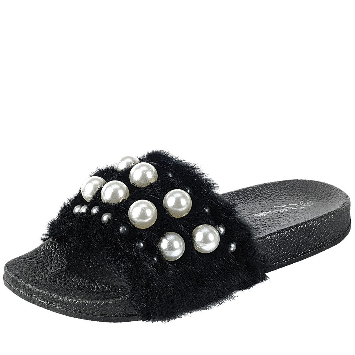 Forever Link Izzy-33 Womens Open Toe Faux Pearl Embellished Flip Flop Slide Flat Sandal Slippers