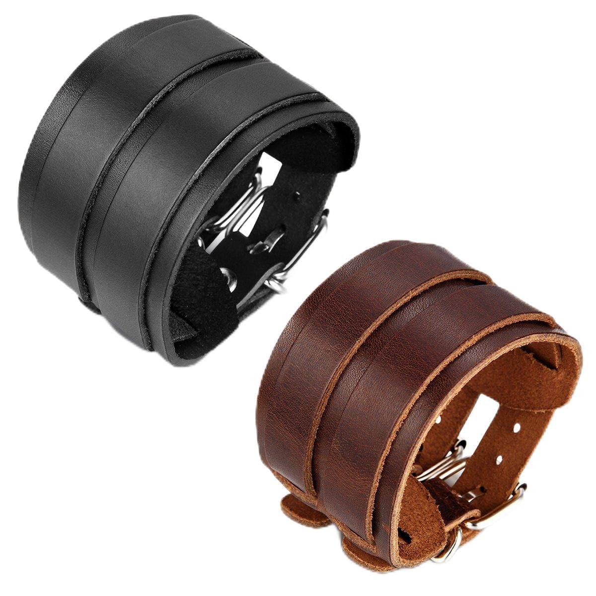JewelryWe Men's Leather Bangle Cuff Bracelet Strap Wristband with Buckle Fastening Black/Brown Colour Available (with Gift Bag) (Brown Black(2pcs)) — image 1
