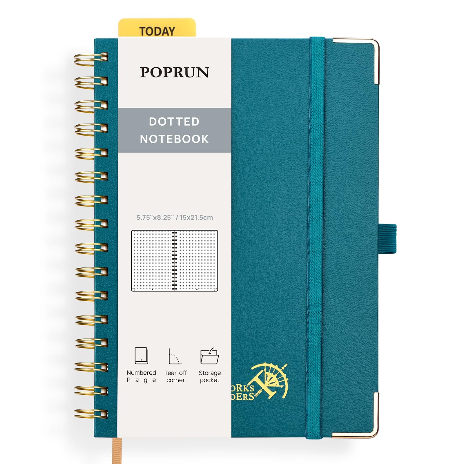 POPRUN Spiral Bullet Dotted Journal Notebook, [A5 Size] - 120 Gsm Thick Paper, 141 Numbered Pages, Wirebound Notepad for Men & Women with Pocket, Index Tabs, 8 Perforated Sheets, Pacific Green