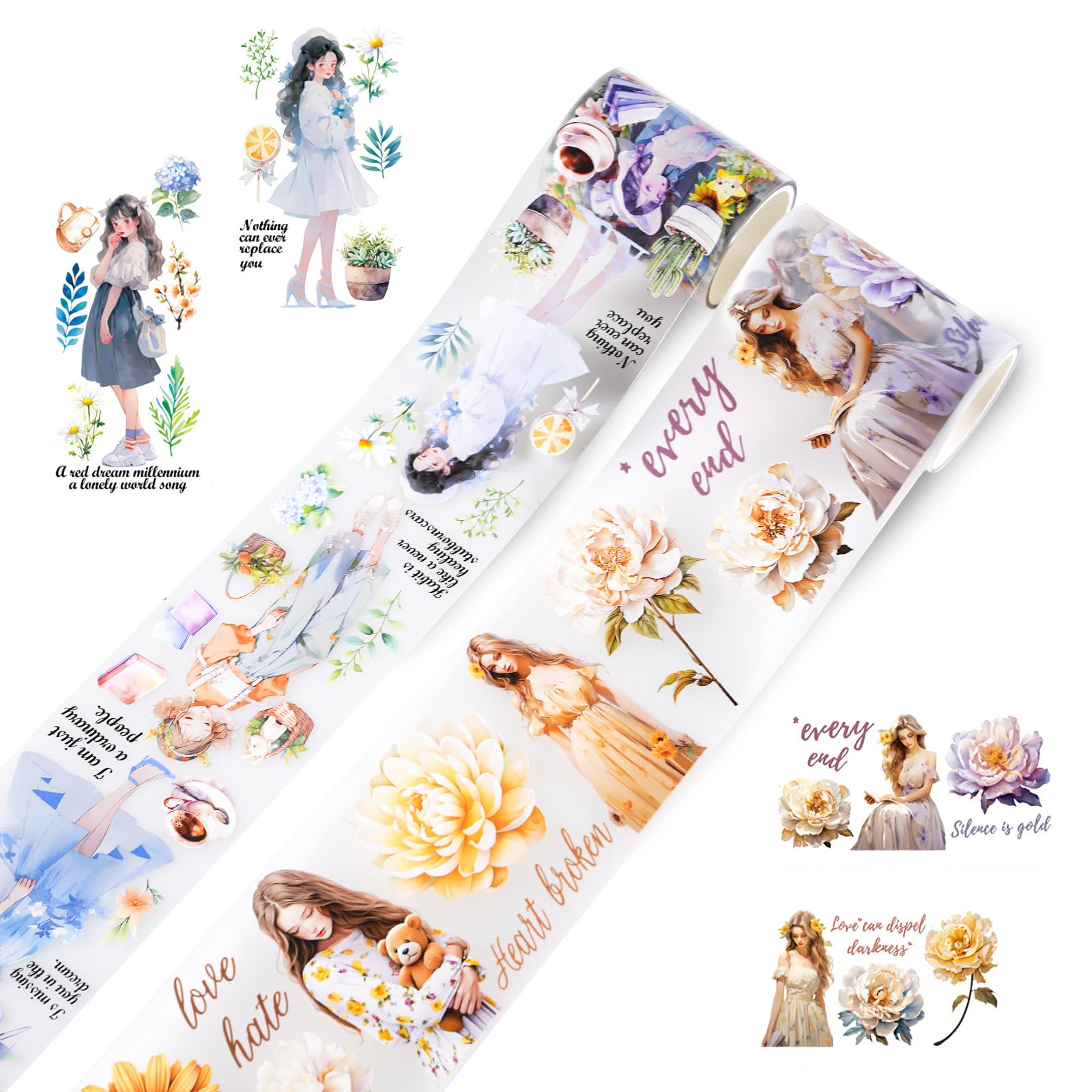 NAESM 2 Rolls Washi Tape Set, Fashion Girls PET Washi Tapes, Transparent Stickers Waterproof Arts, for Journaling, Bullet Journals, Planners,DIY Craft