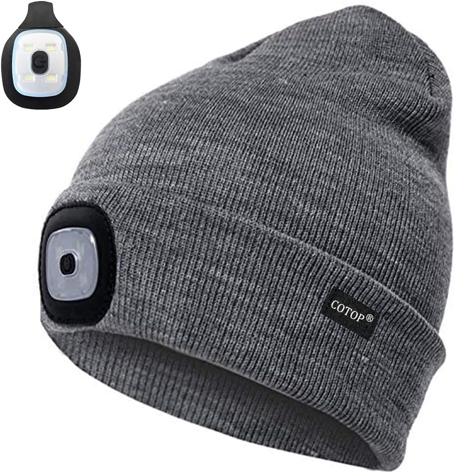 COTOP Unisex LED Headlamp Beanie Cap Men's Women Gift Winter Warm Beanie Hat Hands Free Lighted Beanie Cap for Dog Walking Night Running