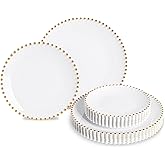 HOMIP 50PCS Fancy Disposable Dinnerware Party Set, Elegant Plates Include 25Pcs Dinner Plate 10", 25Pcs Dessert Plate 7" with Gold Rimed,Plastic Silverware for Wedding Birthday Party