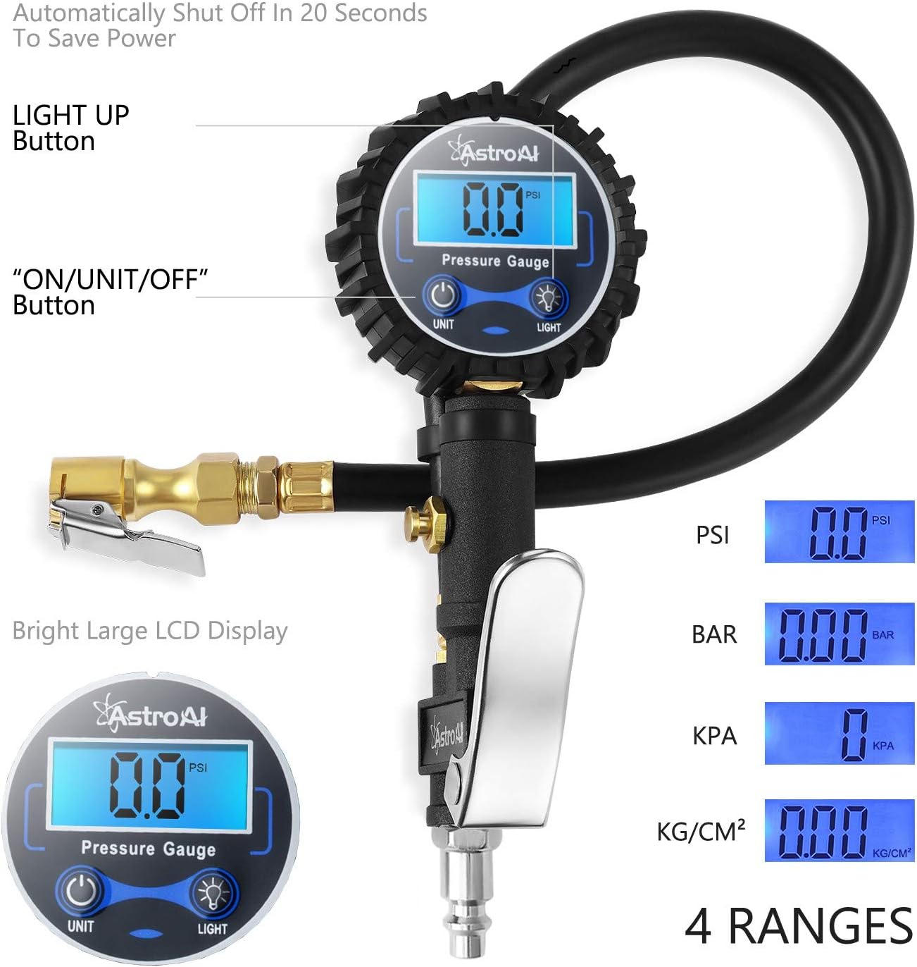 AstroAI Digital Tire Inflator with Pressure Gauge, 250 PSI Air Chuck and Compressor Accessories Heavy Duty with Rubber Hose and Quick Connect Coupler for 0.1 Display Resolution: Automotive