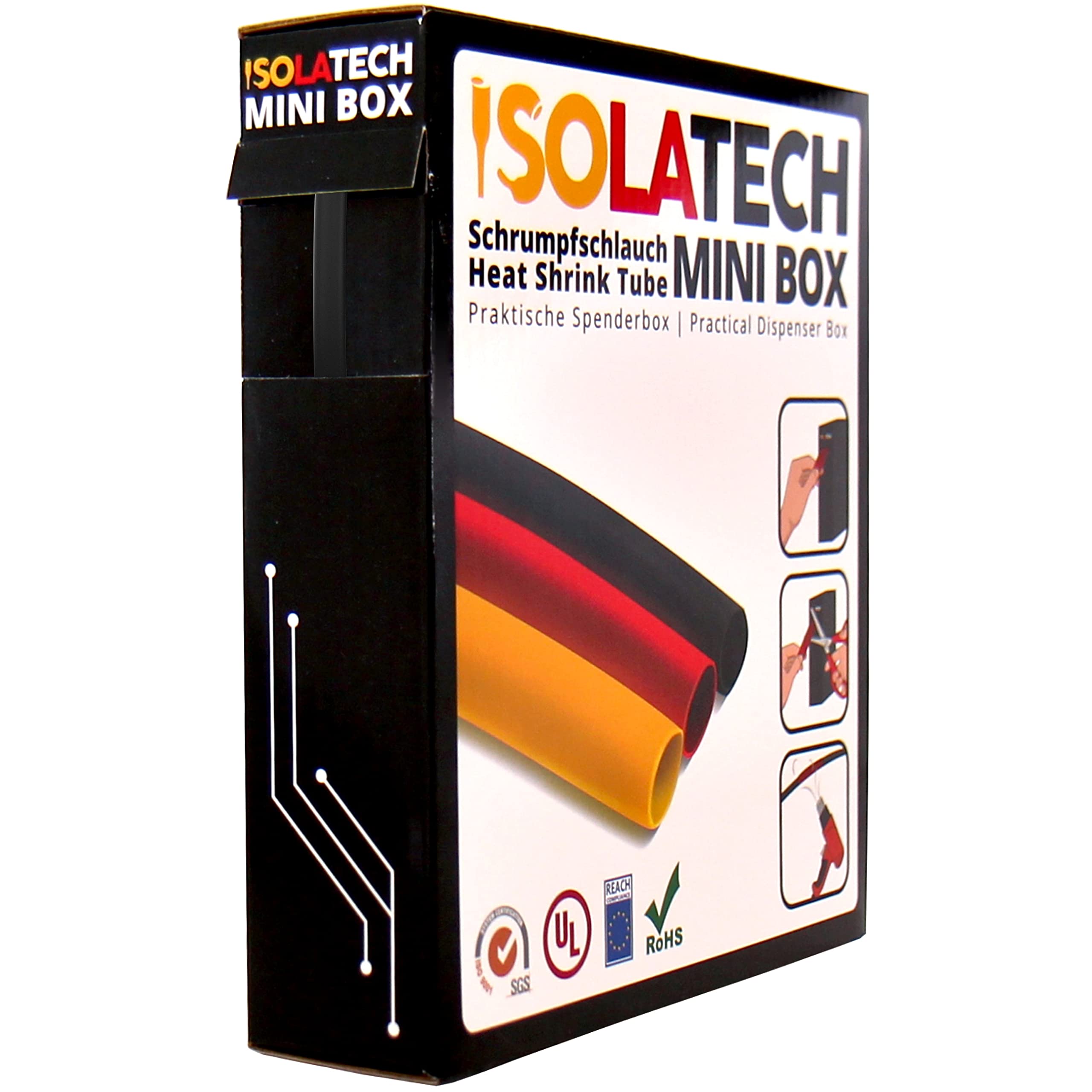 ISOLATECH heat shrink tubing 3:1 set with adhesive black Ø4.8mm 5 metres for cables USB electronics automotive insulation UV resistant repair unlabelled roll in practical dispenser box