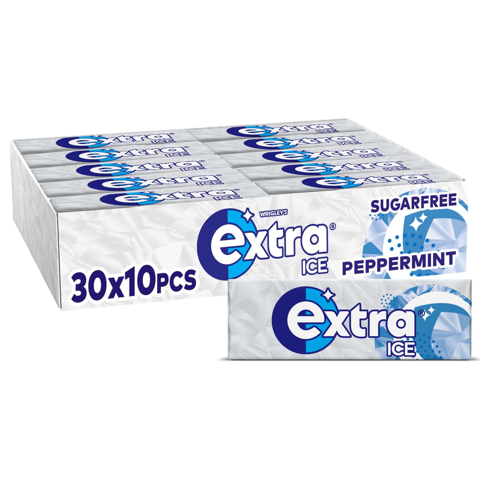 Wrigley's Extra Ice Chewing Gum, Ice Peppermint Flavour with Microgranules, 30 Packs of 10 Pieces, Sugar Free Bulk Pack Gum with Xylitol (300 pieces).