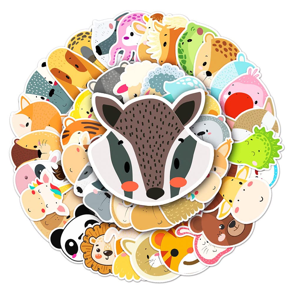 Cute Animal Faces Vinyl Stickers, 50 PCS Waterproof Cartoon Zoo Animal Head Decals for Laptops, Scrapbooking, Journals, Notebooks, Water Bottles, Suitcases, Phones & DIY Decor