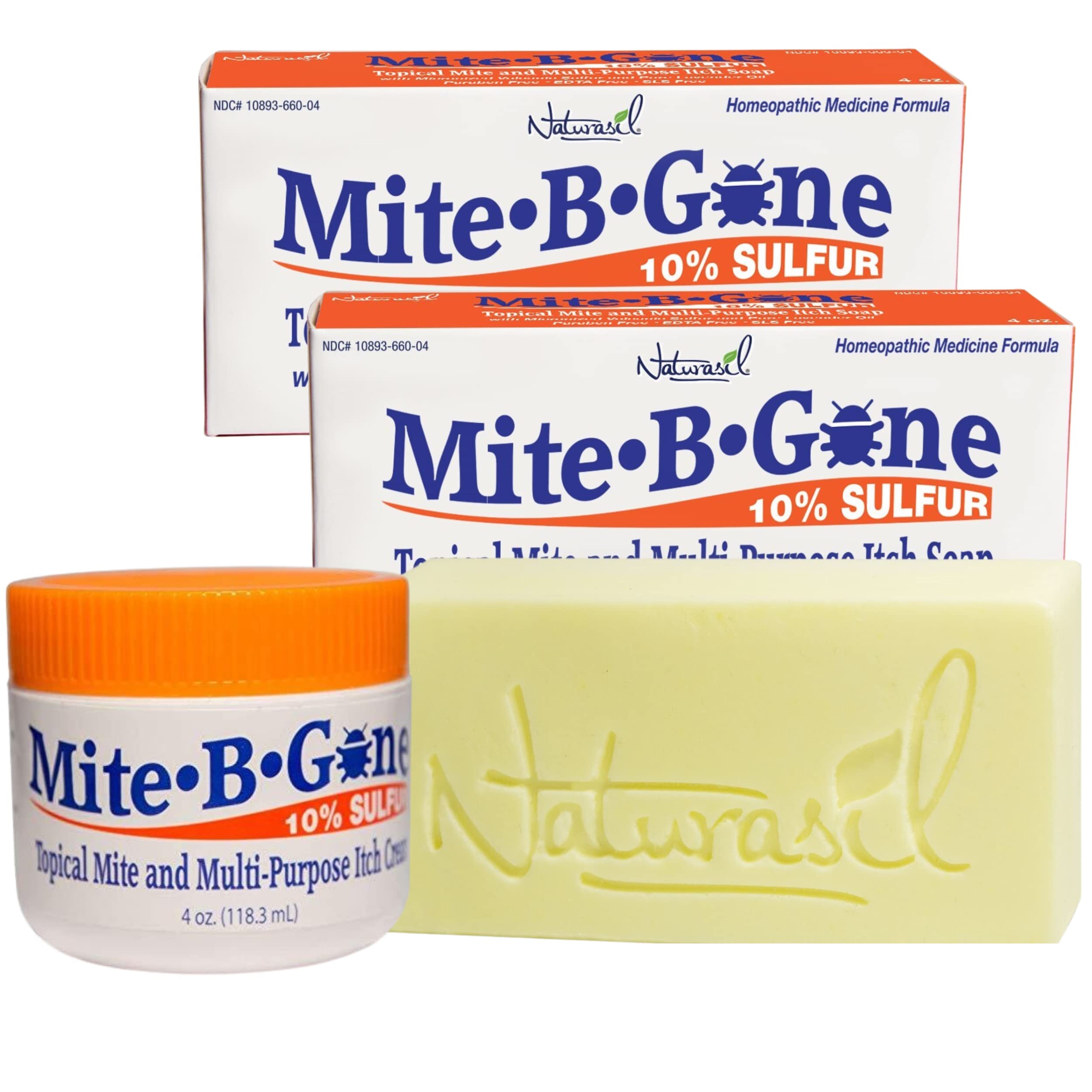Fast-Acting Bug Bite Relief Pack by Mite-B-Gone - Calming Sulfur Cream + 2 Soaps | Safe for Kids & Adults| Treats Insect & Mosquito Bites, Itch & Discomfort| All-Natural & Effective for All Skin Types