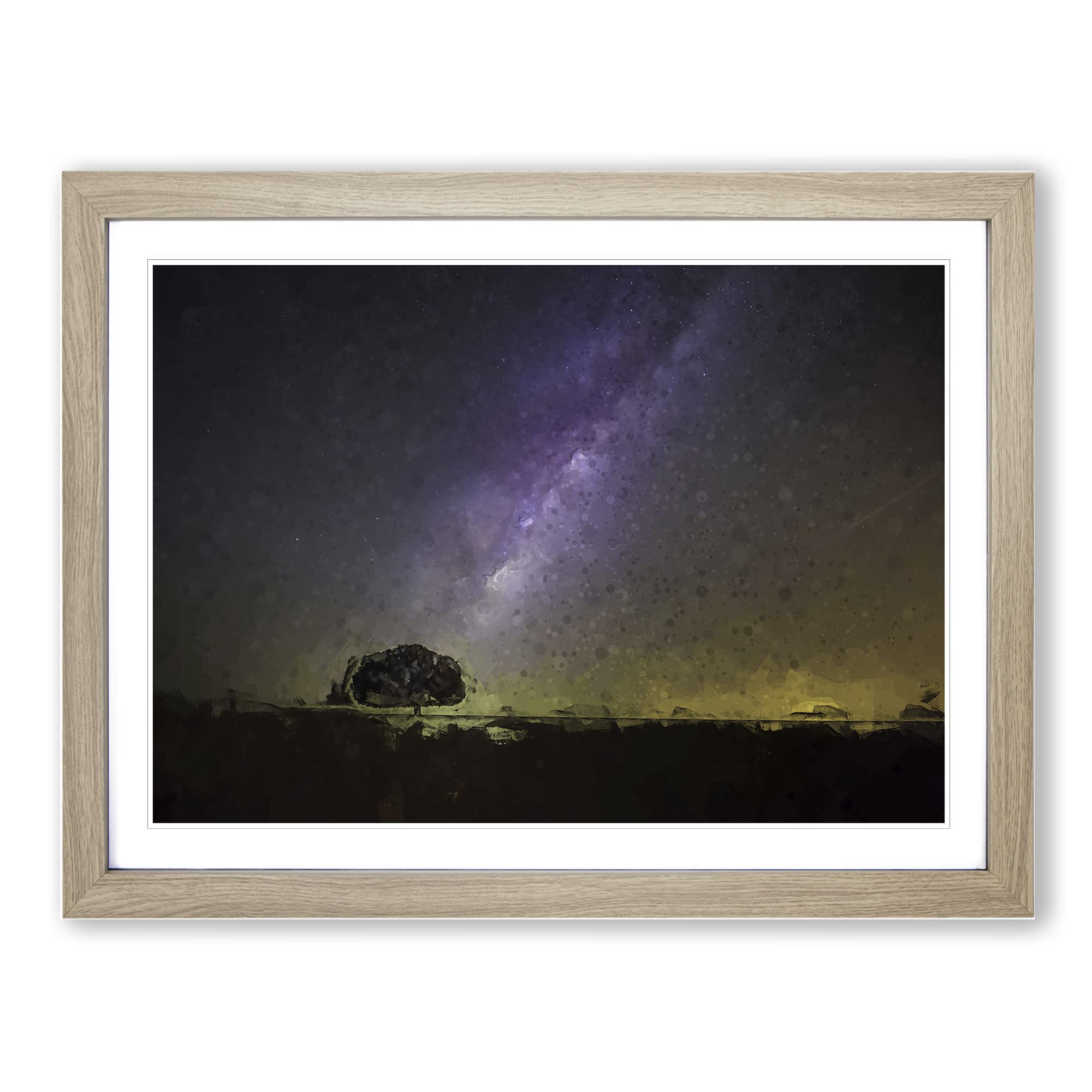 Tree Beneath The Milky Way In Abstract Modern Art Framed Wall Art Print, Ready to Hang Picture for Living Room Bedroom Home Office Décor, Oak A4 (34 x 25 cm)