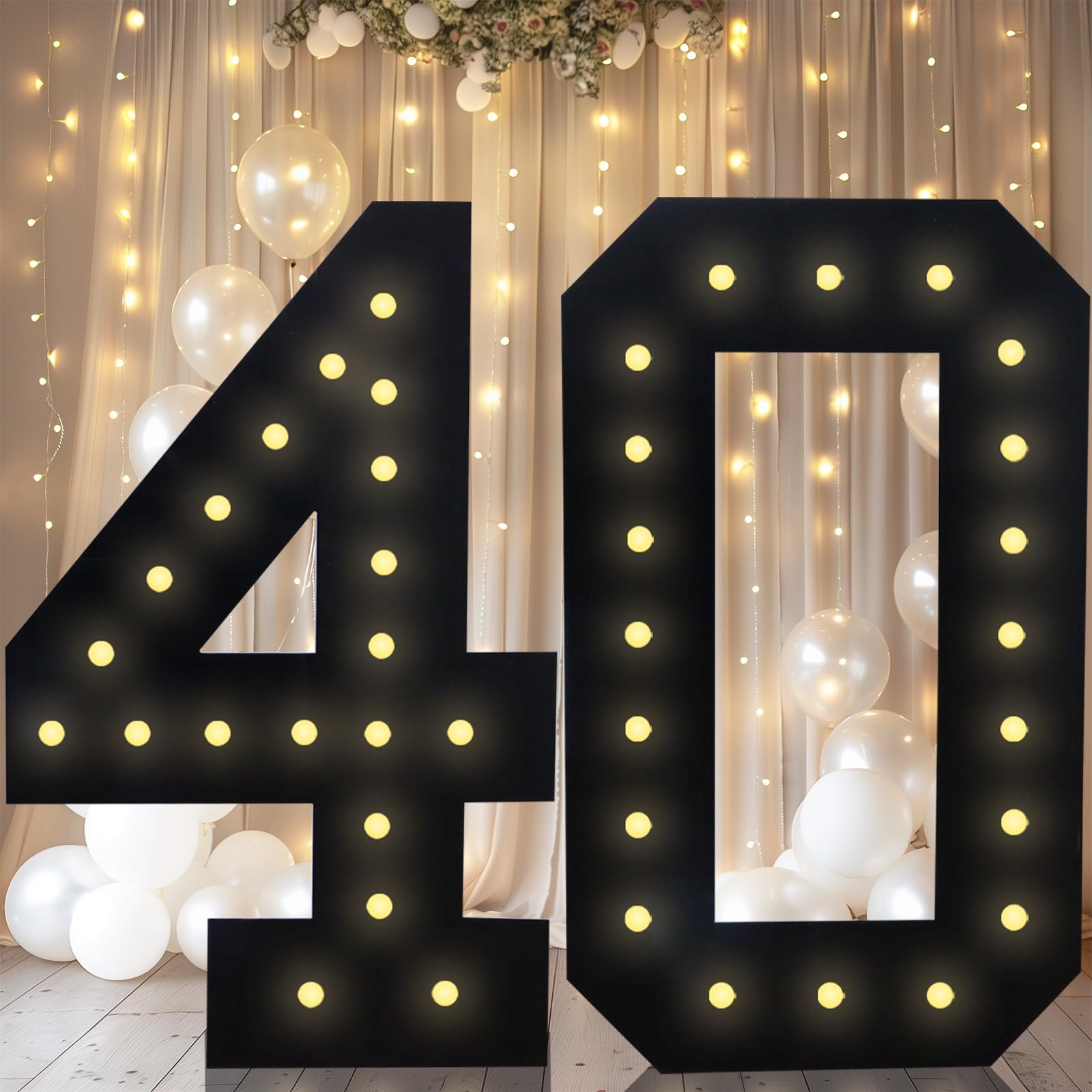 Photo 1 of 4FT Marquee Light Up Numbers, Black Giant Marquee Number Big Mosaic Number for 40th Birthday Party Decorations Backdrop 40 Anniversary Decor, Pre-Cut Frame Large Number 40