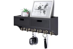 Rebee Vision Key Holder Wall Mount with 2 Drawer Organizer : Decorative Mail Organizer with 6 Key Hooks & Small Wall Shelf - Modern Home Decor for Apartment Essentials (Black)