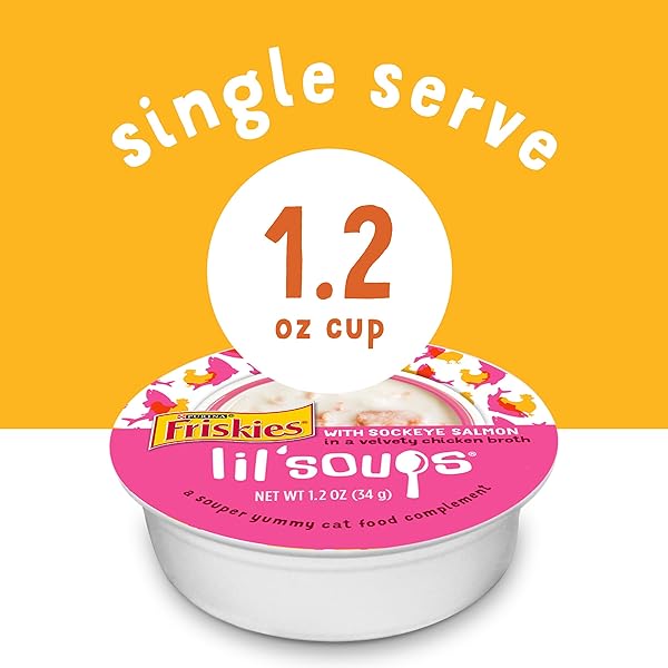 PURINA FRISKIES GRAIN FREE WET CAT FOOD LICKABLE CAT TREATS VARIETY PACK, LIL’ SOUPS WITH SALMON, TUNA OR SHRIMP – (PACK OF 30) 1.2 OZ. CUPS