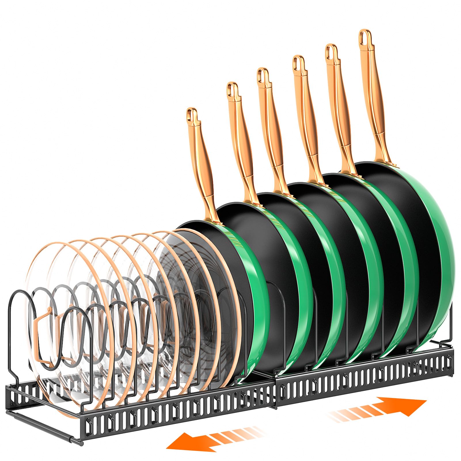 MUDEELA Pots and Pans Organizer Rack for under Cabinet, Expandable Pot Lid Kitchen Cabinet Organizer Holder with 14 Adjustable Compartment Cutting Board Organizer for Pan Lid, Bakeware Image