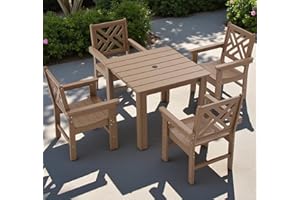 AZXZCS HDPE Outdoor Dining Set,5-Piece Outdoor Table and Chairs Include 4 Armchair Chairs and 35.5" Square Patio Dining Table with Umbrella Hole (Brown)