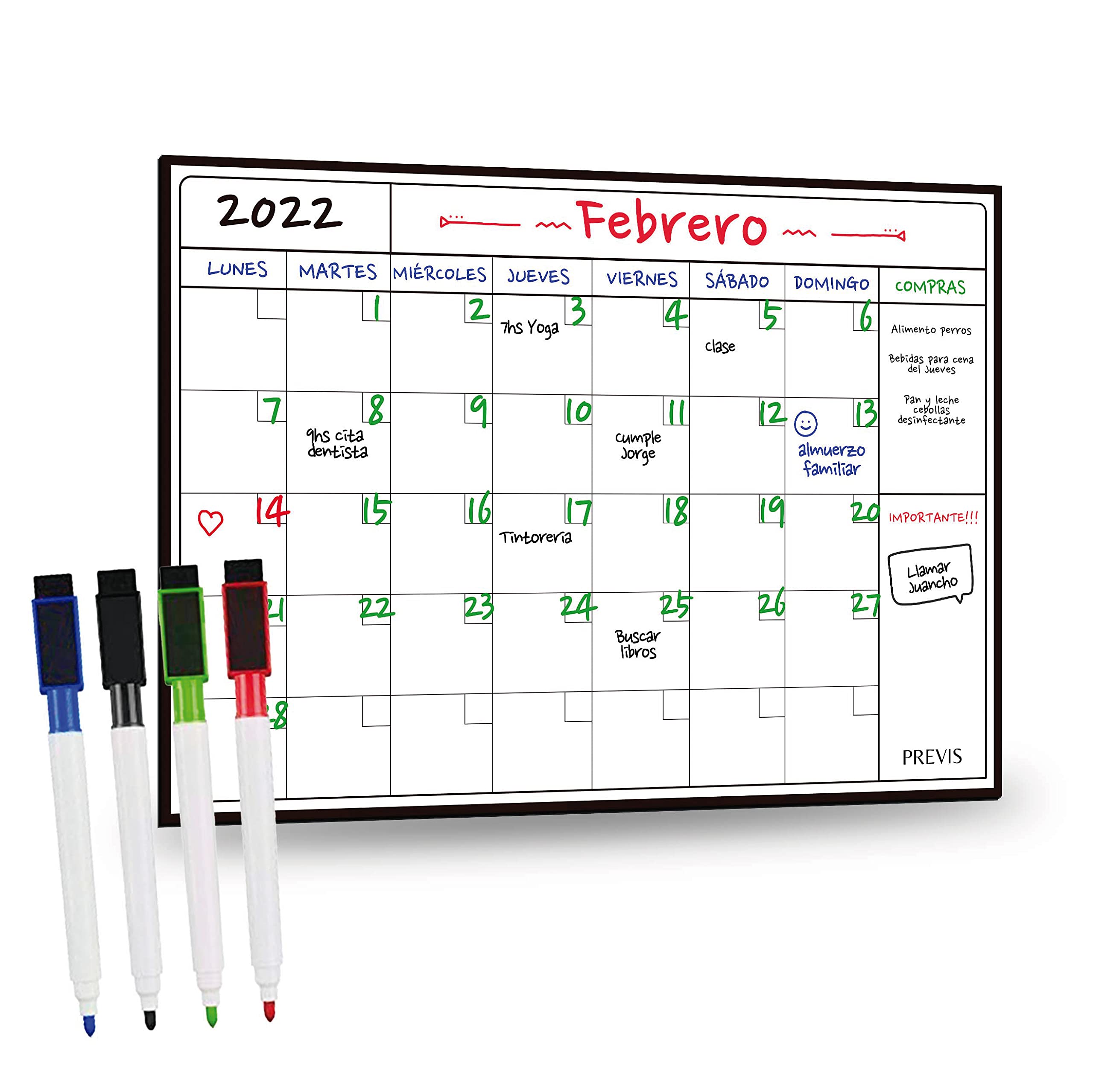 PREVIS Magnetic Fridge A3 - Magnetic Calendar with Fridge Shopping List - Modern Minimalist Whiteboard Calendar with Stainless Steel Frame and Multicolored Design