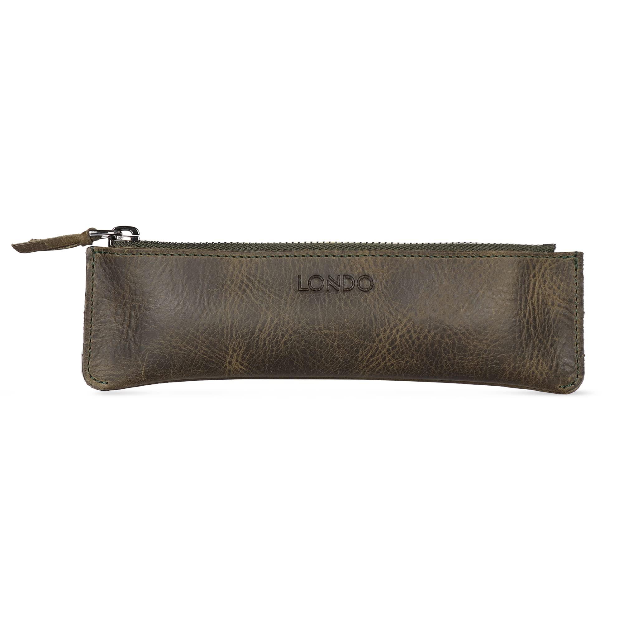 LONDO Genuine Leather Pen Case with Zipper Closure, Pencil Pouch Stationery Bag